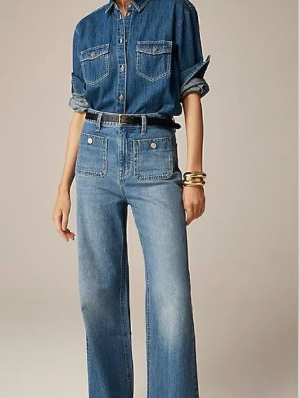 J. Crew Medium Blue High-Rise Wide-Leg Patch Pocket Sailor Jeans 28 Fits Like 29 - Picture 2 of 13